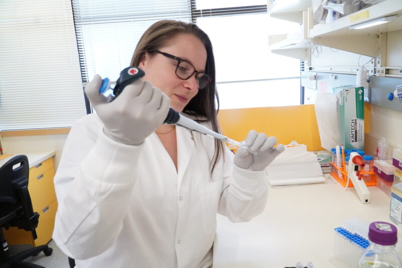 Eisner sits at her lab bench pipetting a buffer solution for her immunofluorescent labeling experiment.