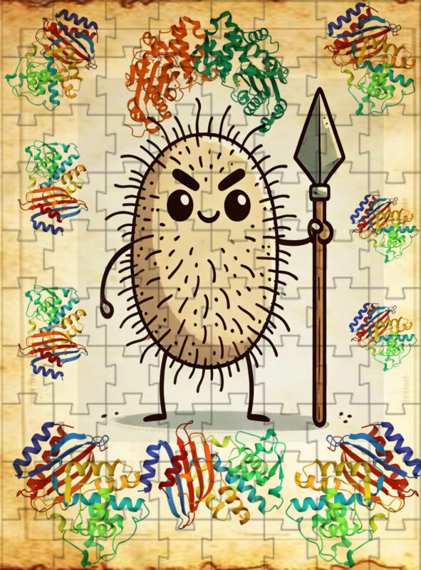 Illustration of a bacterium holding a spear, surrounded by protein structures, set against a jigsaw-patterned background.