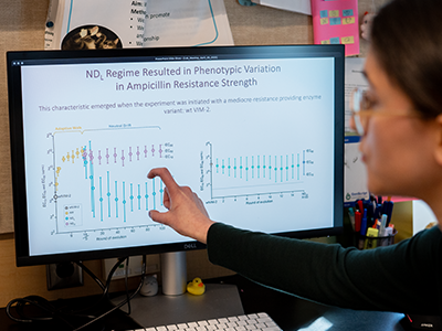 A computer monitor displays graphs with several bars on them, titled 'NDL Regime Resulted in Phenotypic Variation in Ampicillin Resistance Strength'. Erdogan holds a hand up to the screen, pinching one of the bars between two fingers.