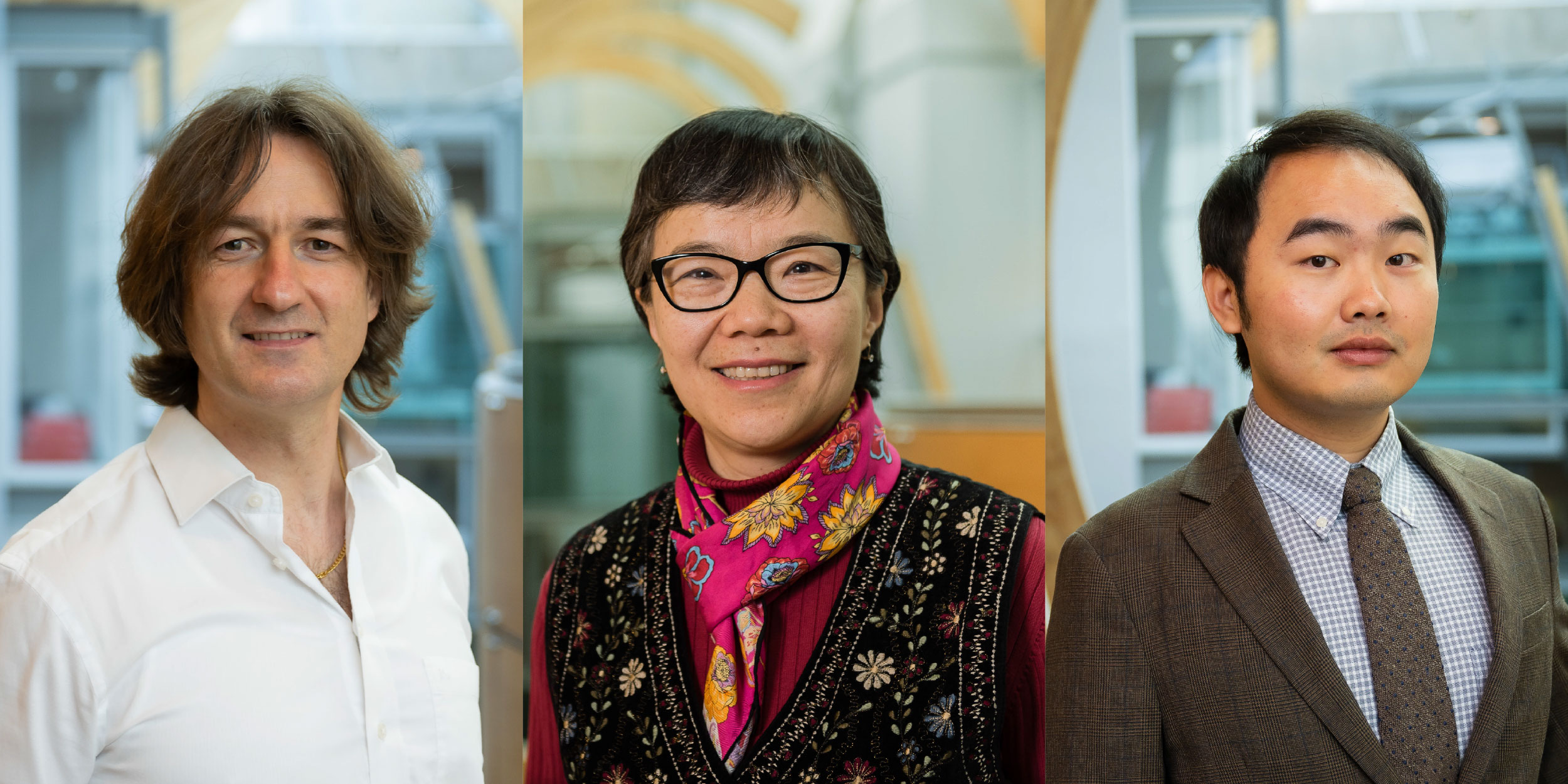 Drs. Jorg Gsponer, Xin Li and Xin Tang are pictured, separately, overlooking the MSL atrium.