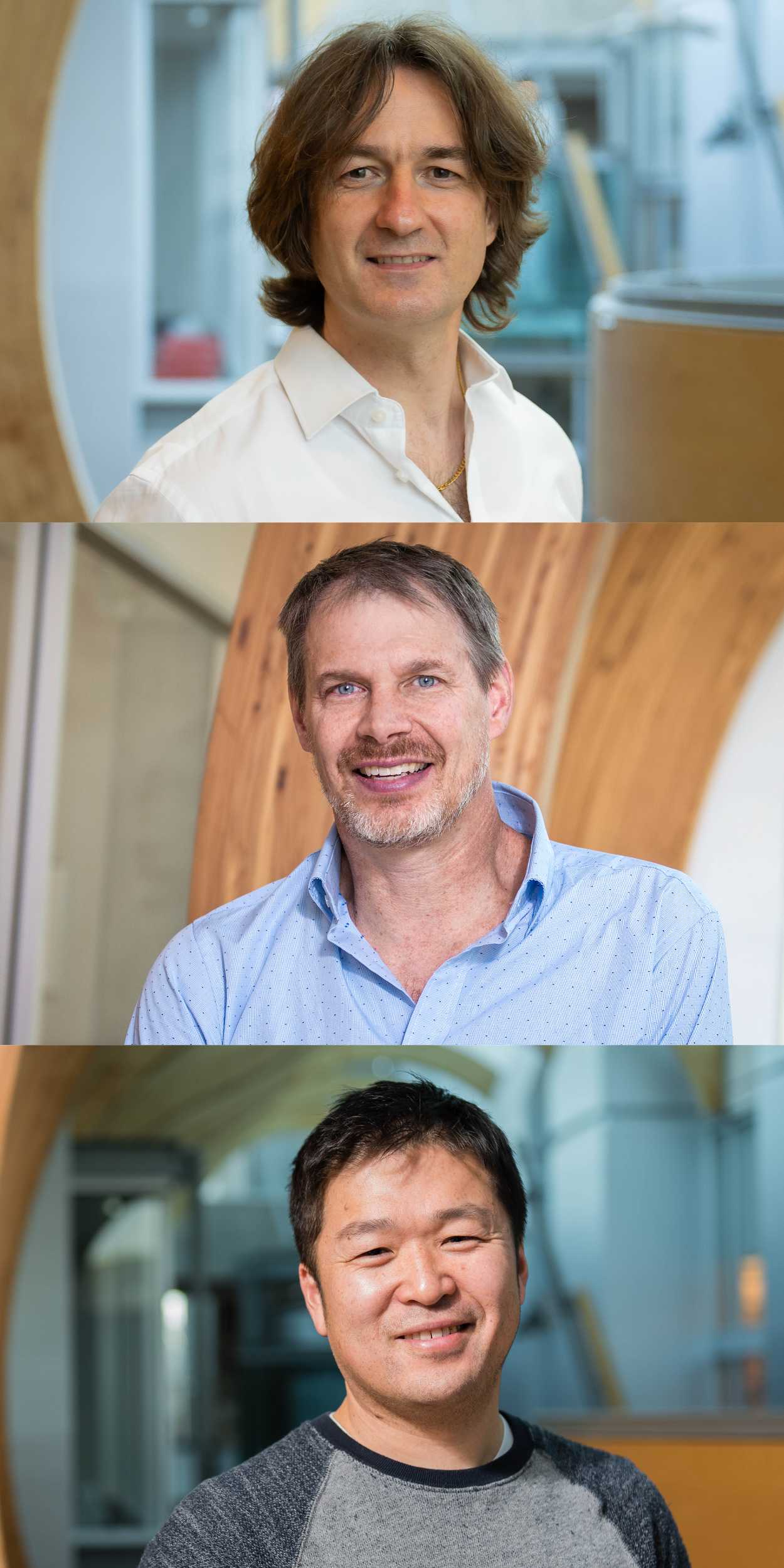 Drs. Jorg Gsponer, Peter Zandstra and Nobuhiko Tokuriki are pictured, separately, overlooking the MSL atrium.